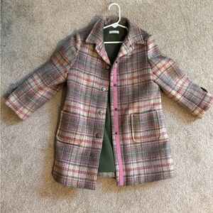 Cacharel Paris Plaid Wool Coat Green Pink Accents Size Small 6/7 Girls